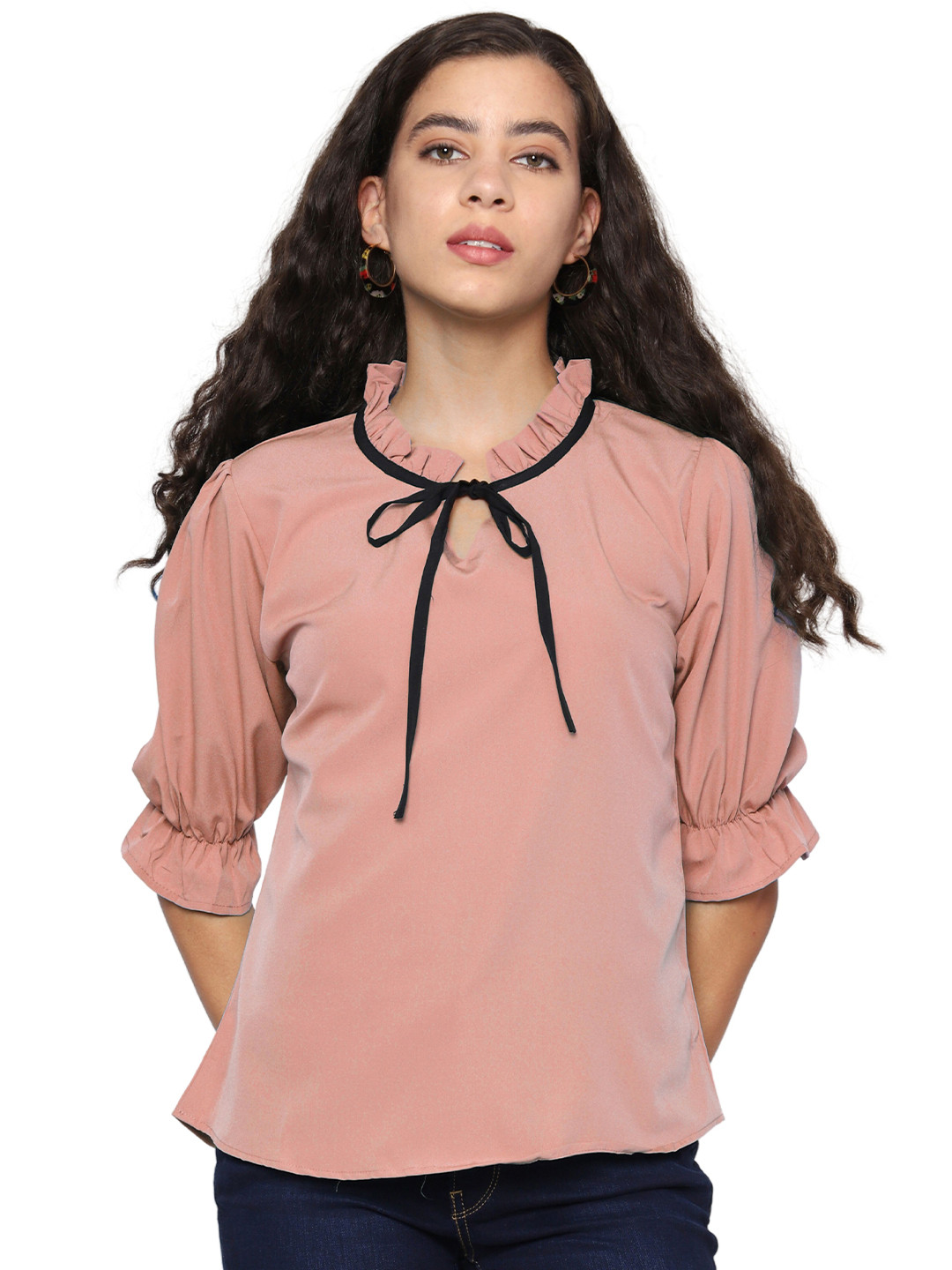 

SHIJILA Tie-Up Neck Bell Sleeve Ruffled Top, Peach