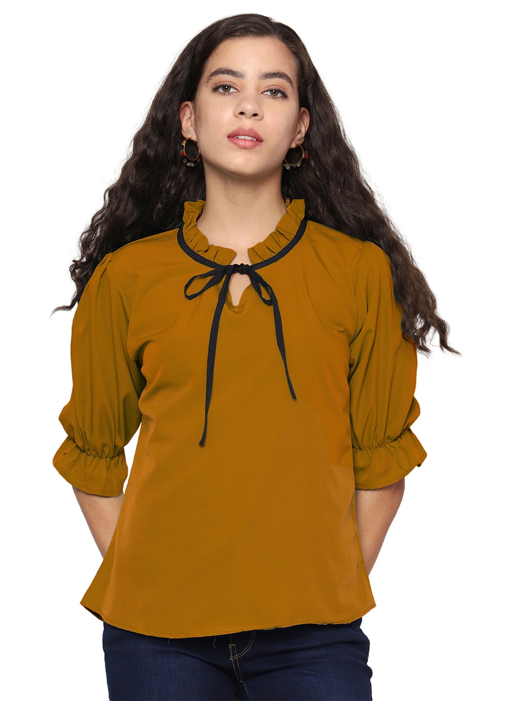 

SHIJILA Tie-Up Neck Puff Sleeves Top, Mustard