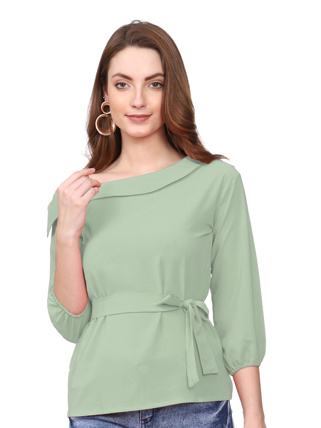 

SHIJILA Asymmetric Layered Neck Belted Detail Puff Sleeve Top, Sea green