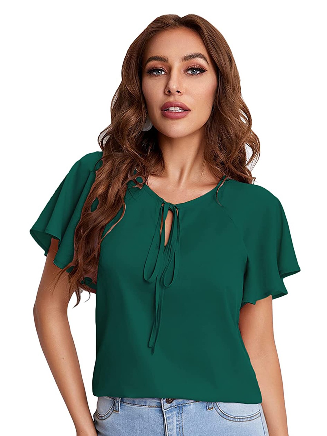 

SHIJILA Tie-Up Neck Flutter Sleeves Top, Green
