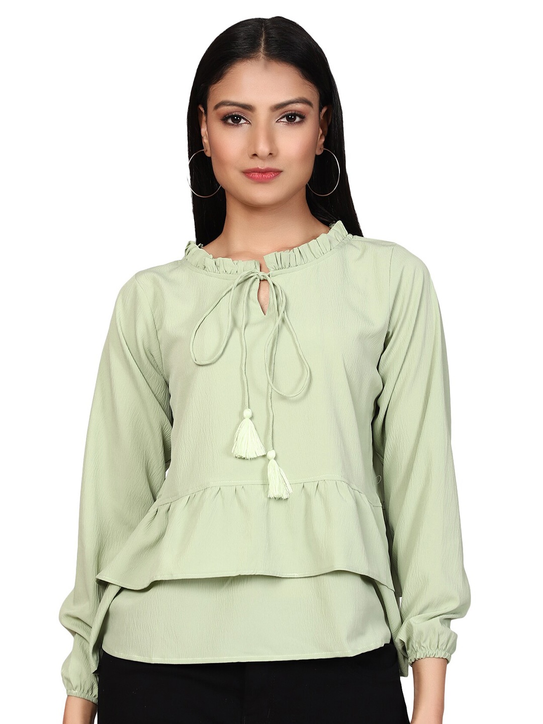 

SHIJILA Tie Up Neck Puff Sleeves Regular Top, Green