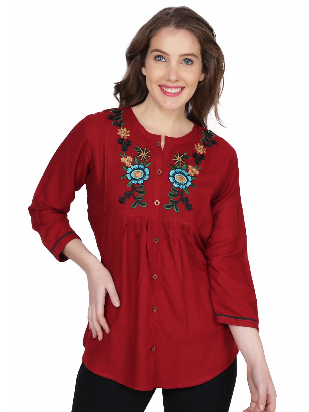 

SHIJILA Floral Embroidered Mandarin Collar Tunic, Maroon