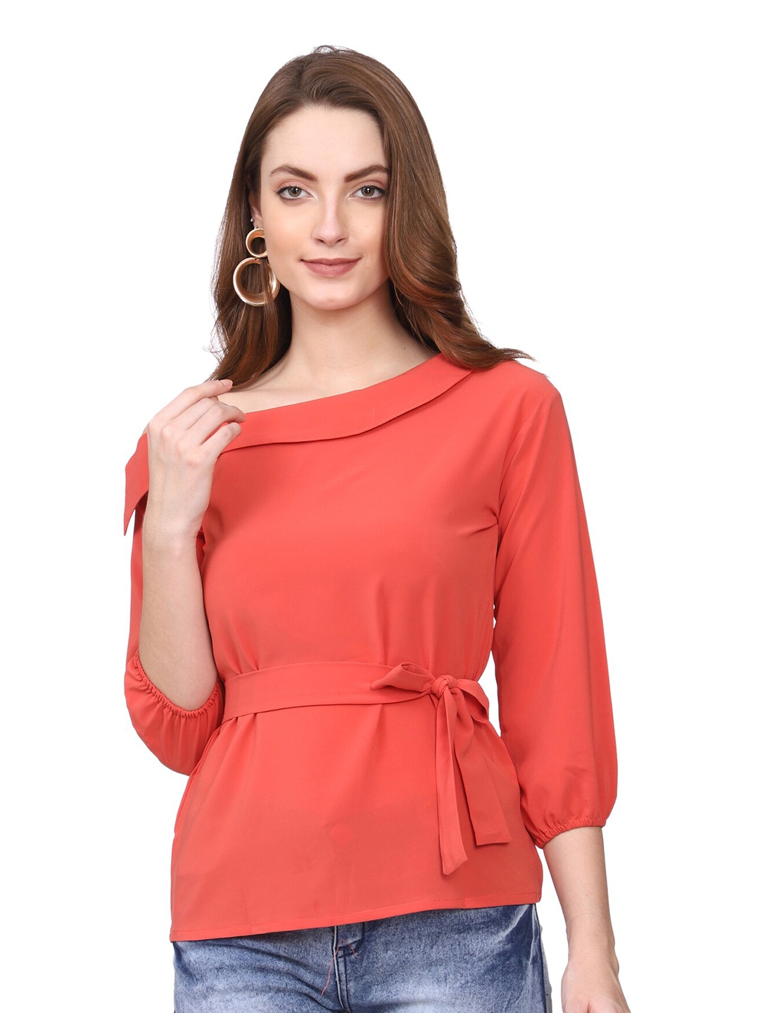 

SHIJILA Asymmetric Layered Neck Belted Detail Puff Sleeve Top, Pink