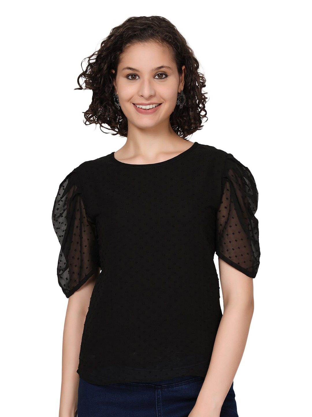 

SHIJILA Self Design Puff Sleeves Chiffon Top, Black