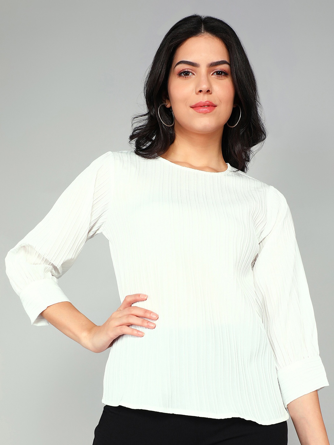 

SHIJILA Self Design Cuffed Sleeves Top, White