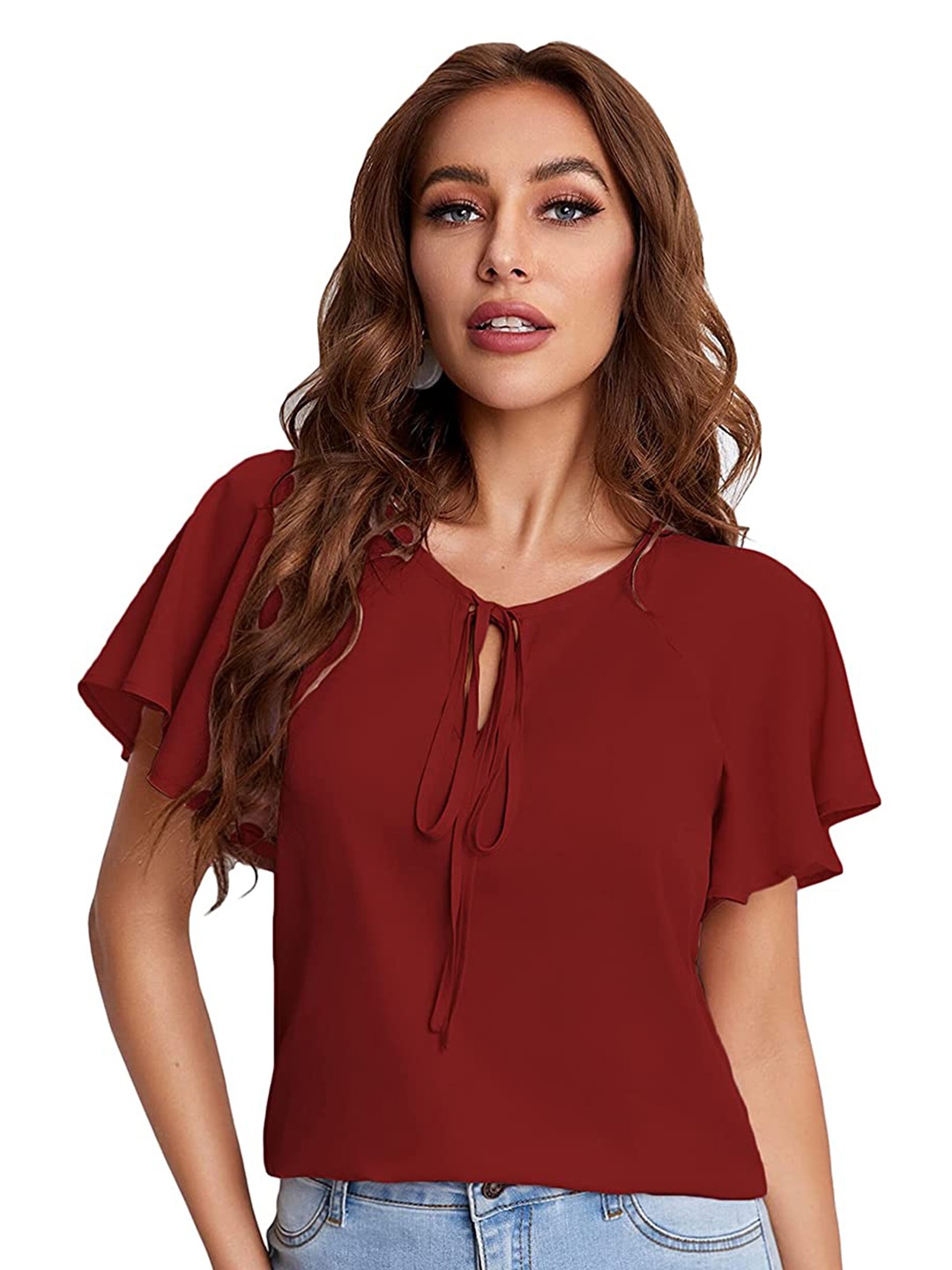 

SHIJILA Tie-Up Neck Flutter Sleeve Top, Maroon