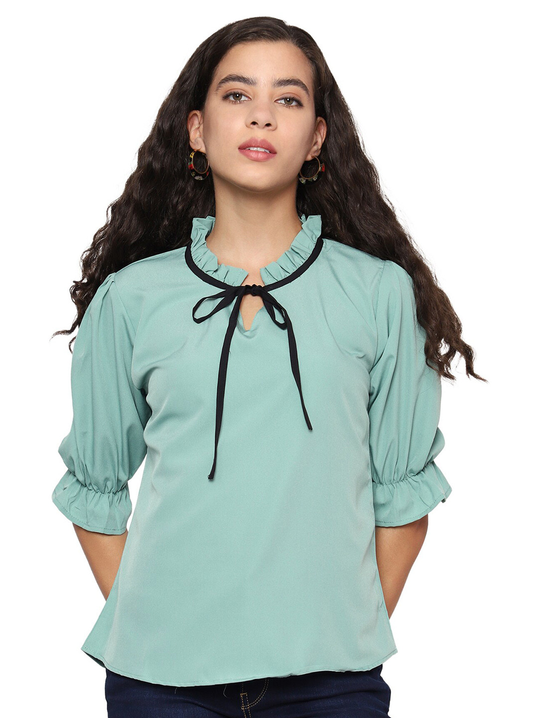 

SHIJILA Contrast Tie-Up Neck Bell Sleeve Top, Green