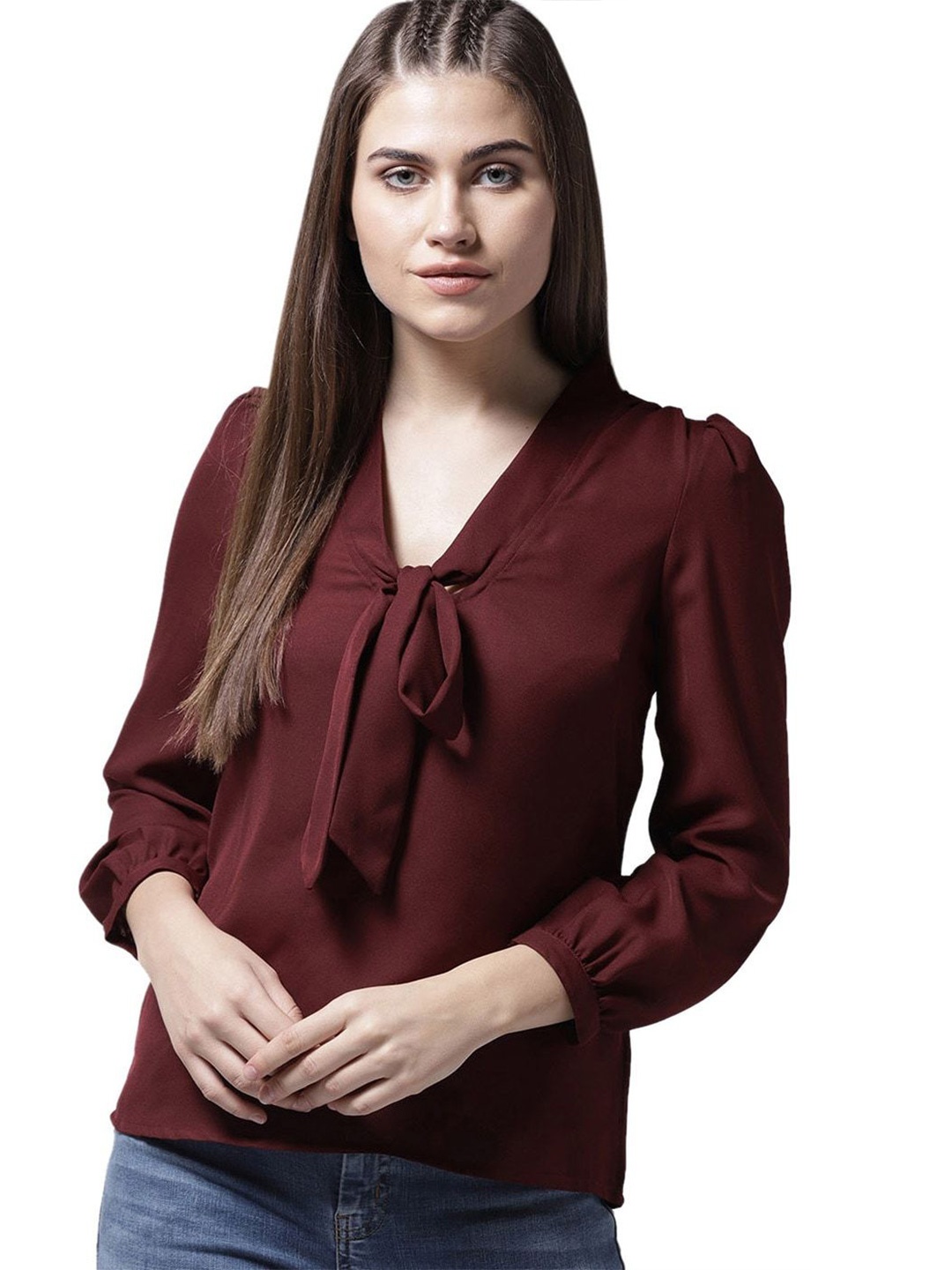 

SHIJILA Tie Up Neck Puff Sleeves Top, Maroon