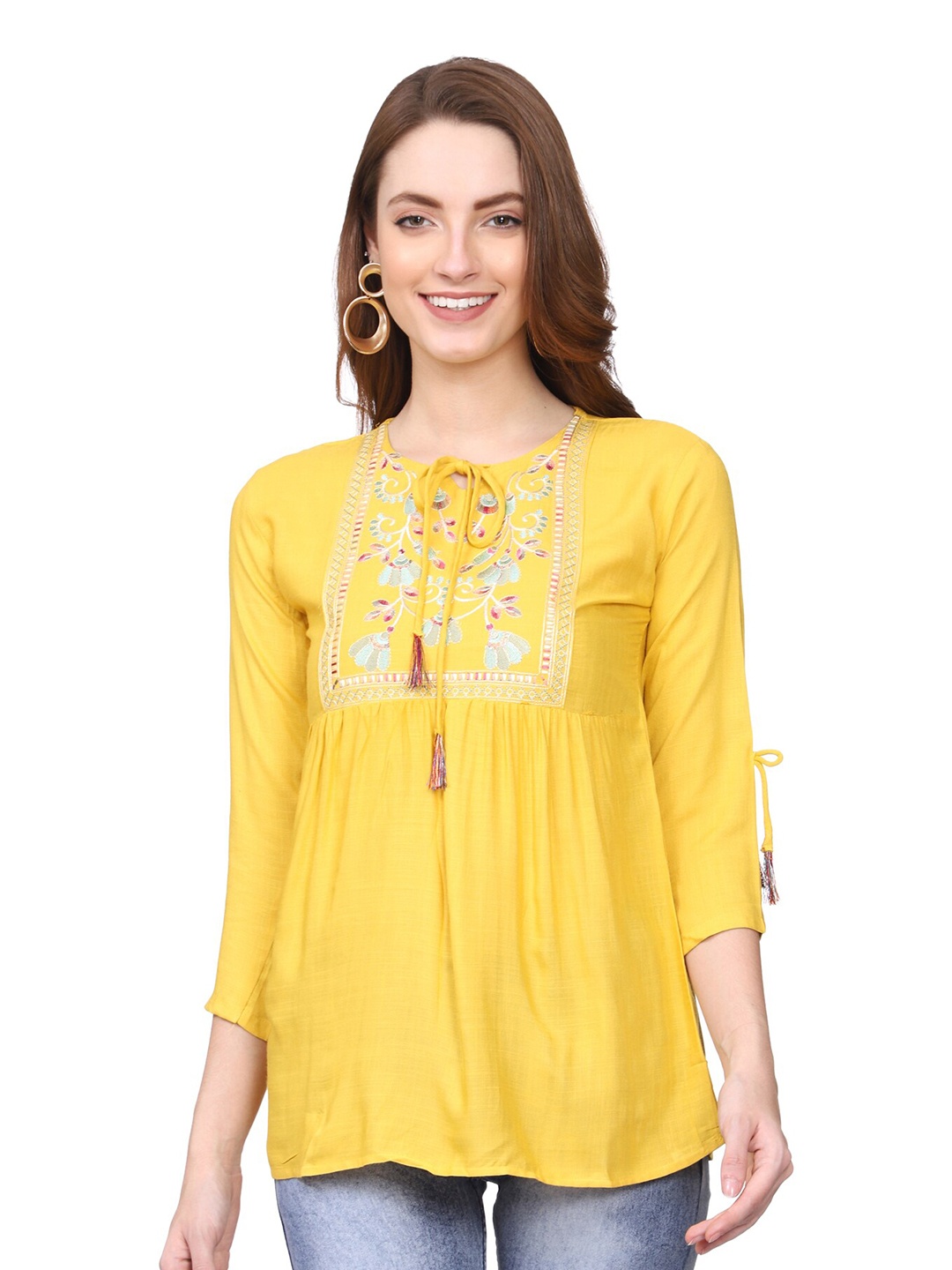 

SHIJILA Floral Embroidered Tie-Up Neck Top, Yellow