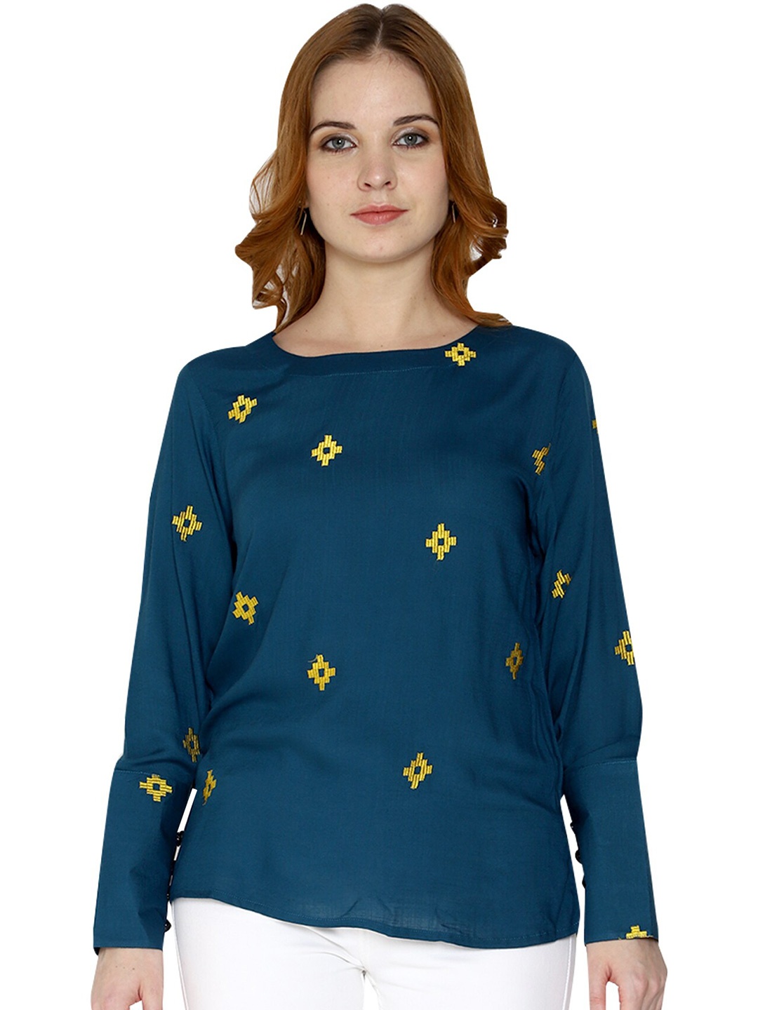 

SHIJILA Geometric Woven Design Cuffed Sleeves Regular Top, Blue