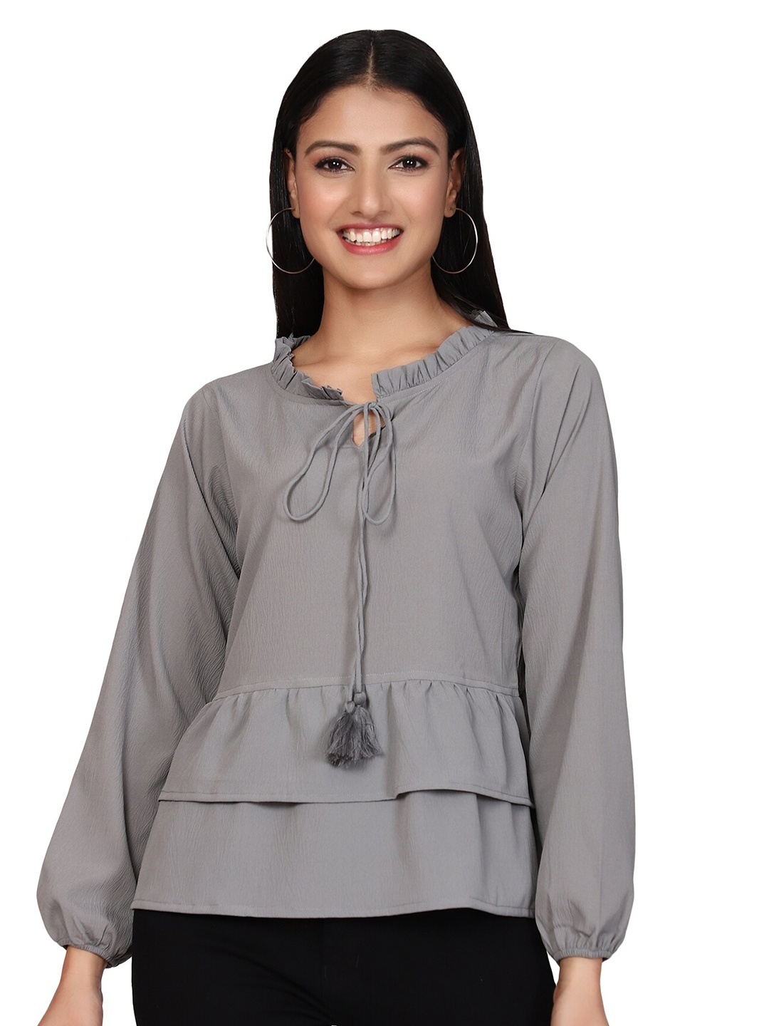 

SHIJILA Tie-Up Neck Puff Sleeves Layered A-Line Top, Grey