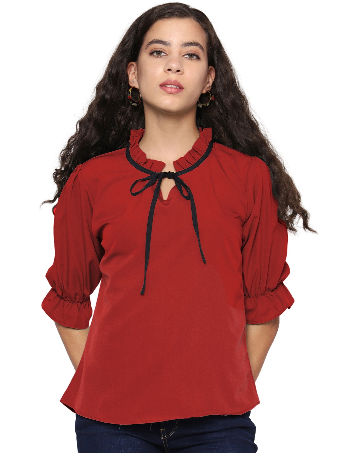 

SHIJILA Tie Up Neck Puff Sleeves Regular Top, Red