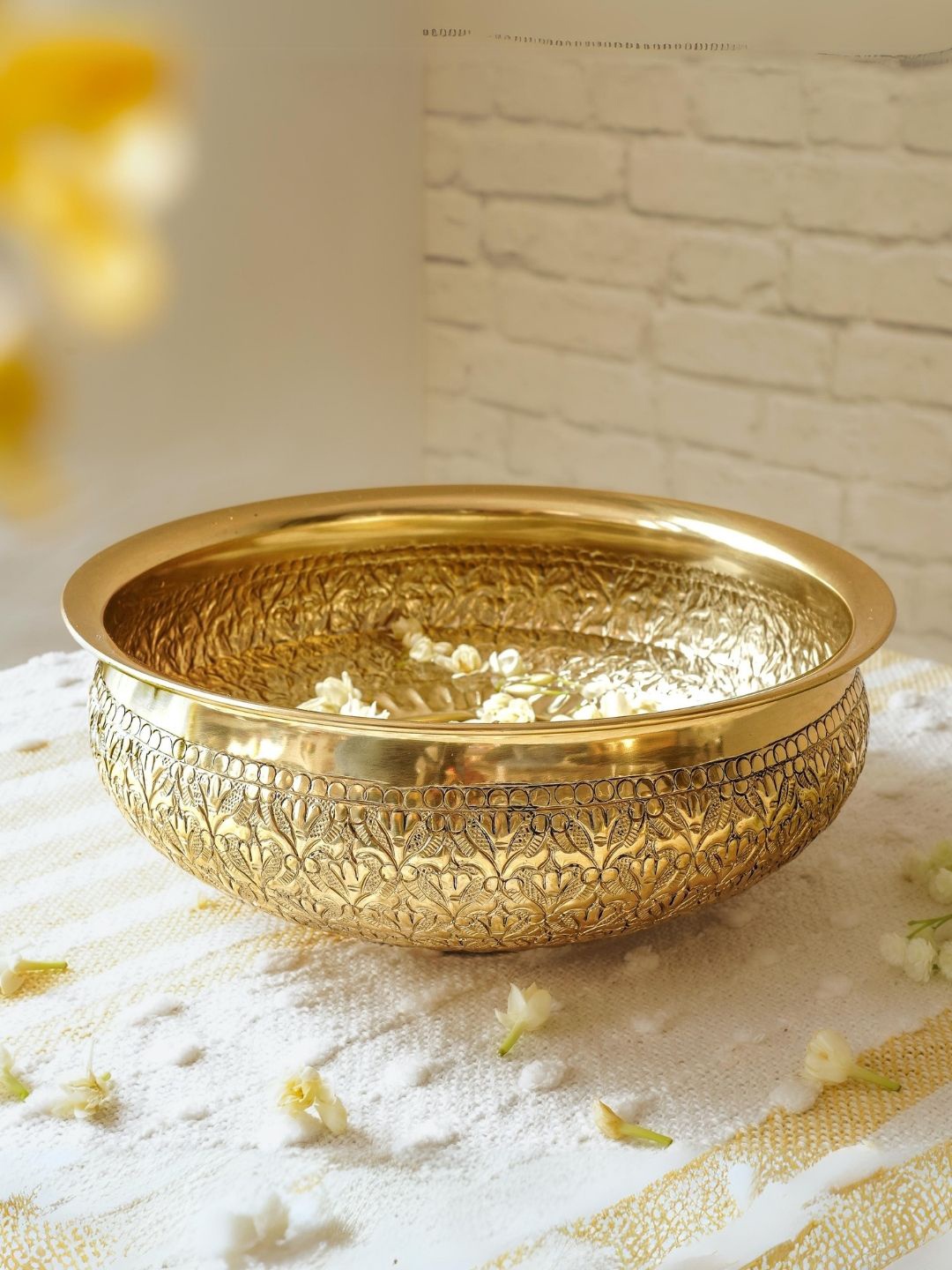 

BEHOMA Gold Toned Embossed Aluminum Decorative Urli Bowl