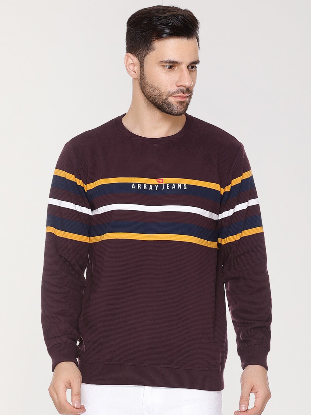 

ARRAY Striped Round Neck Cotton Pullover, Maroon