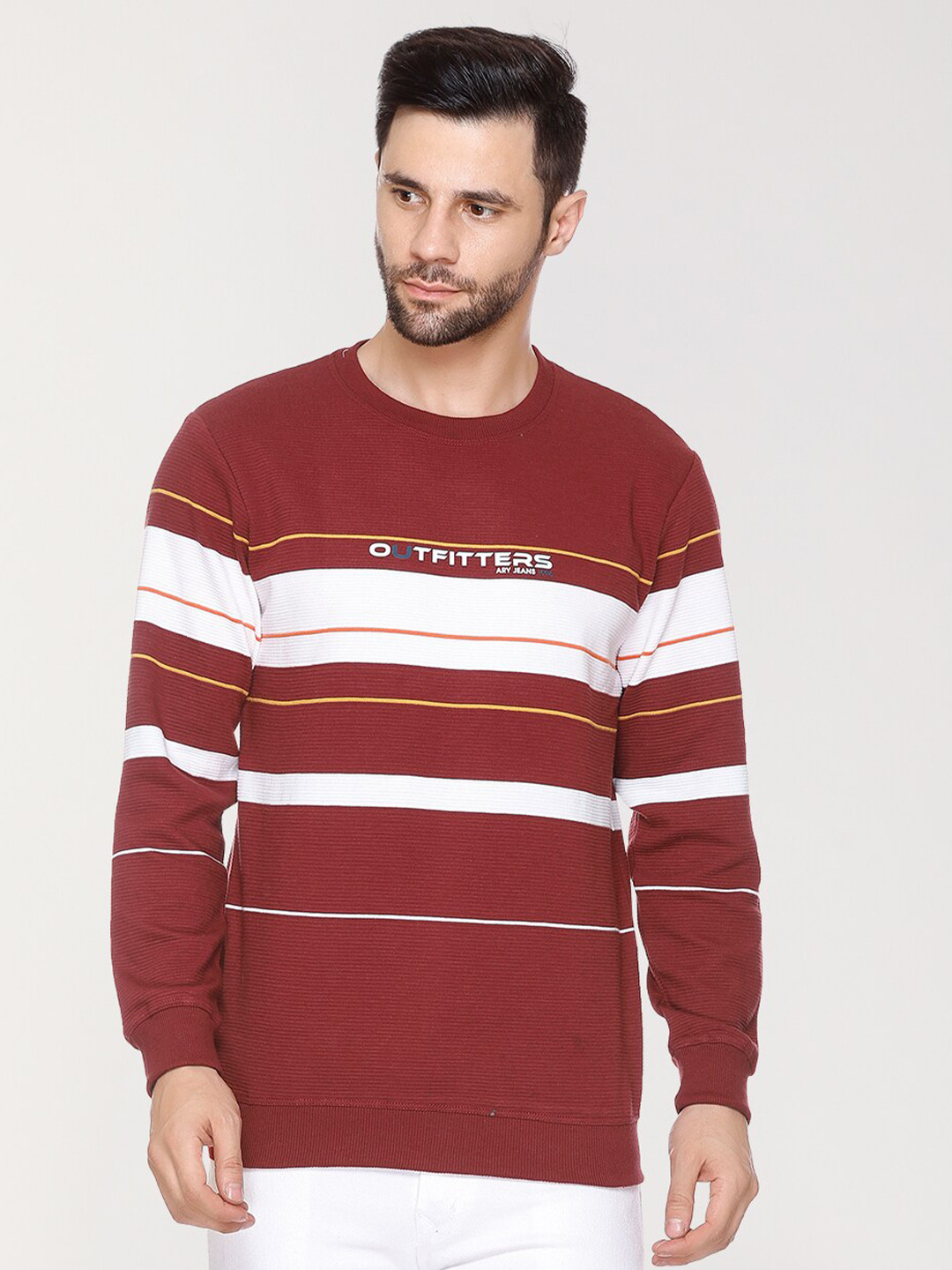 

ARRAY Striped Round Neck Cotton Pullover, Red