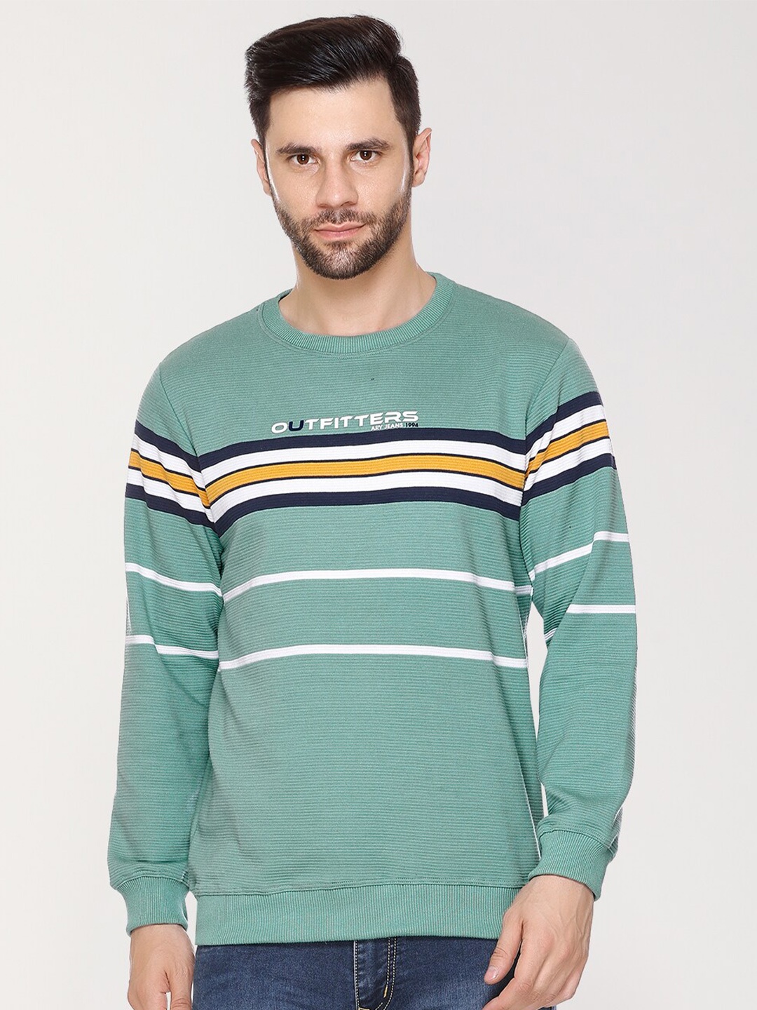 

ARRAY Striped Round Neck Cotton Pullover, Green