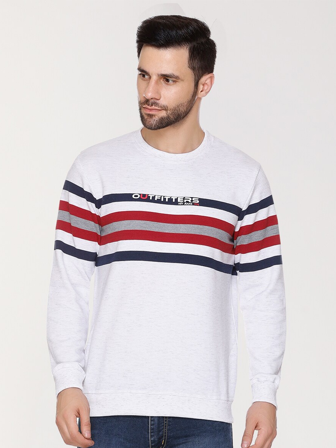 

ARRAY Striped Round Neck Cotton Pullover, White