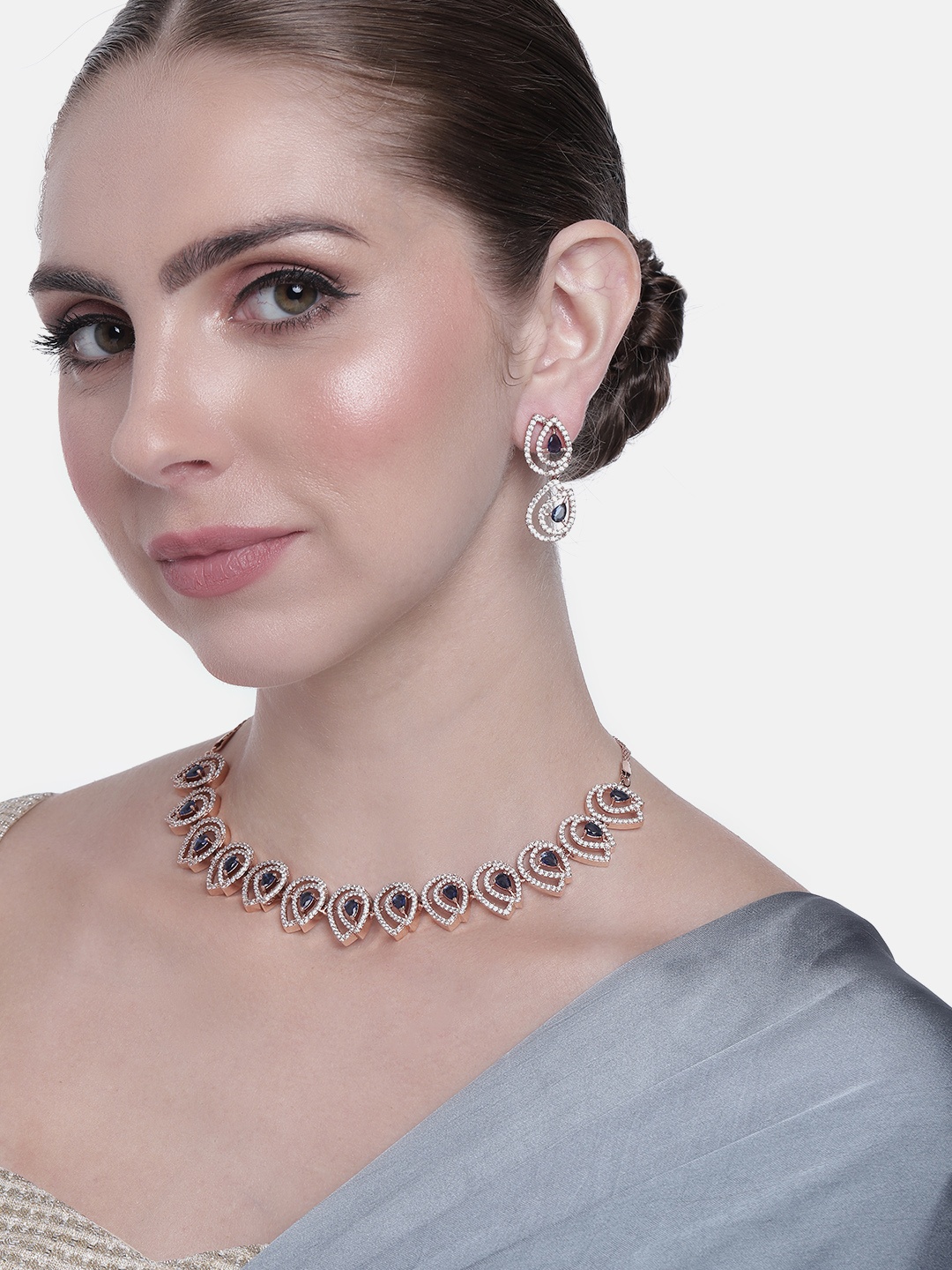 

Estele Women Rose Gold-Plated CZ Studded Necklace with Earrings, Navy blue