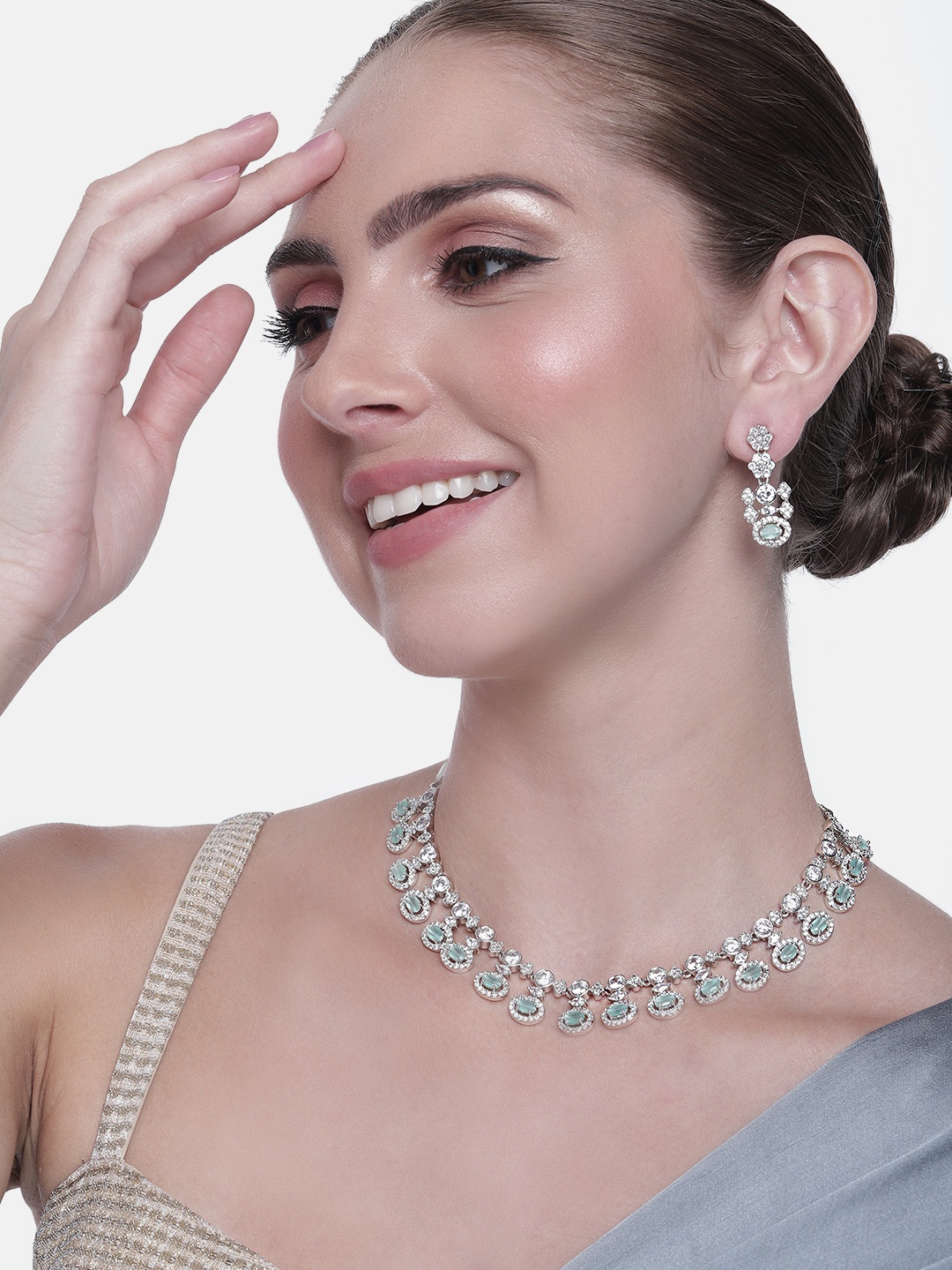

Estele Women Rhodium-Plated CZ-Studded Jewellery Set, Green