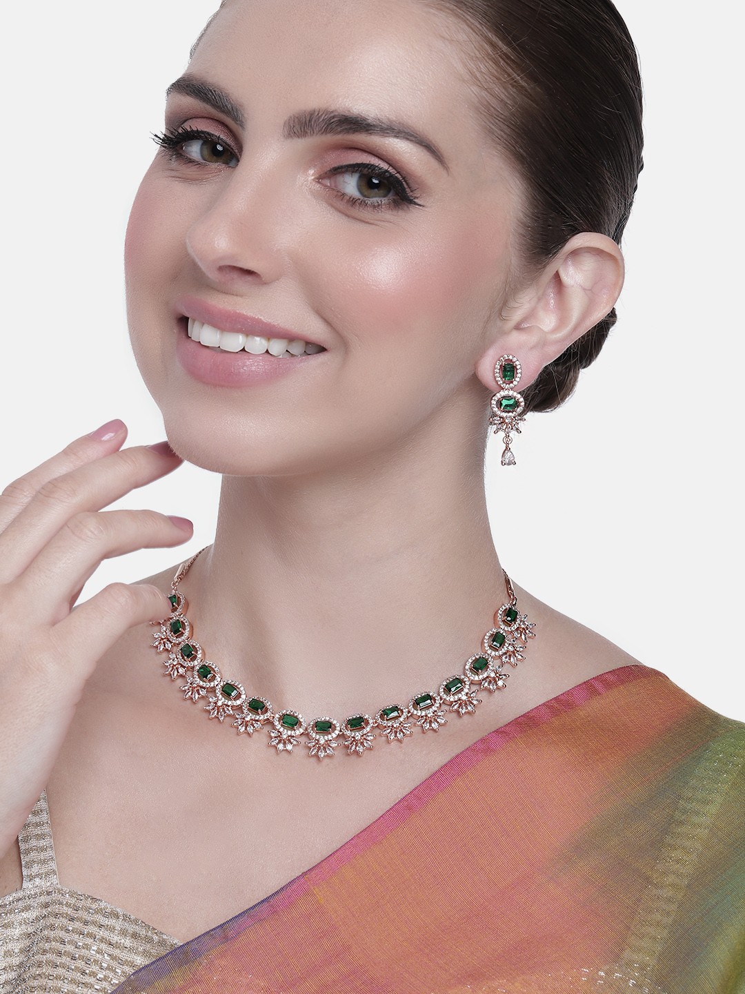 

Estele Women Rose Gold-Plated CZ Studded Necklace with Earrings, Green