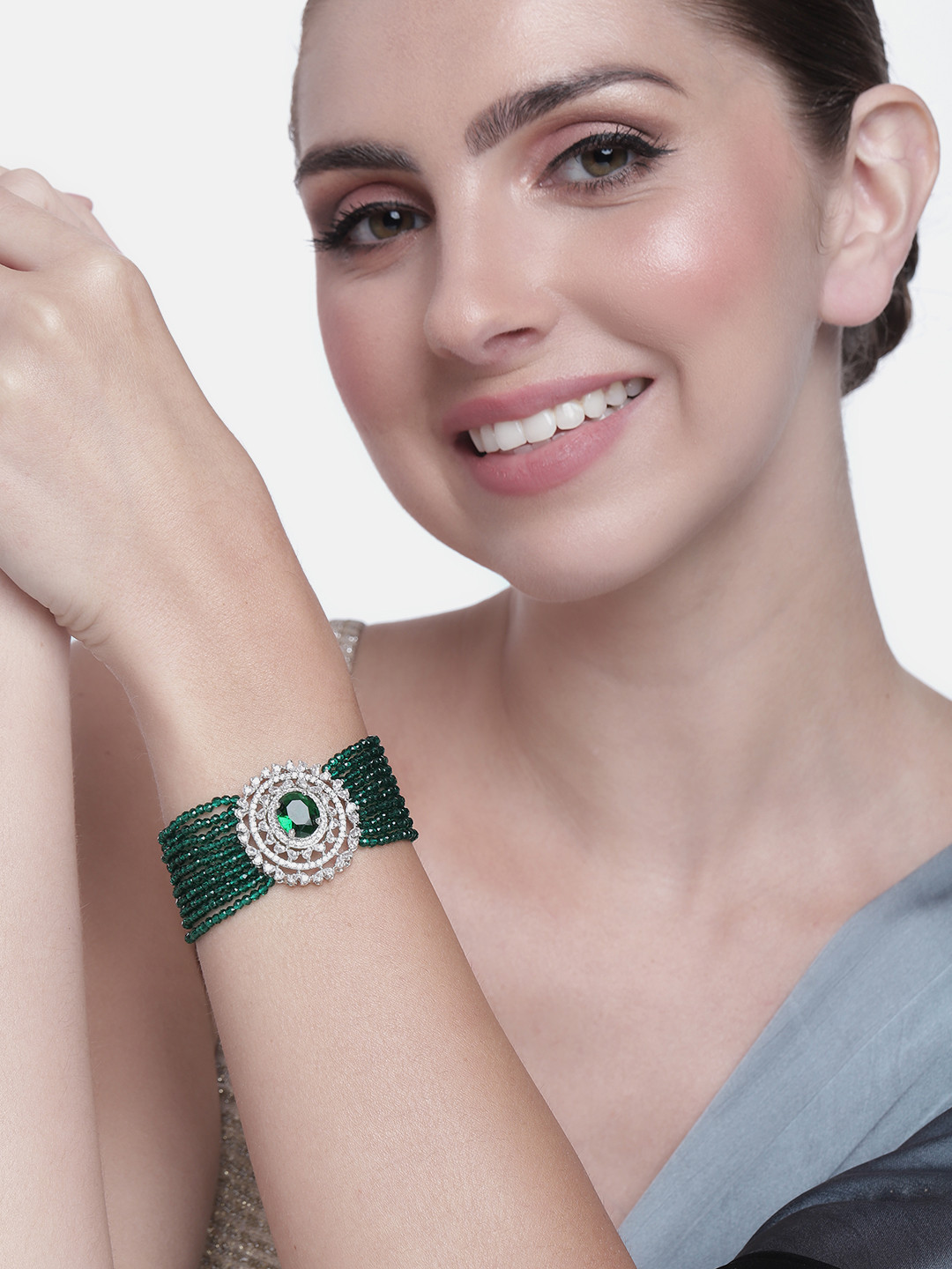 

Estele Women Cubic Zirconia Rhodium-Plated Multistrand Bracelet, Green