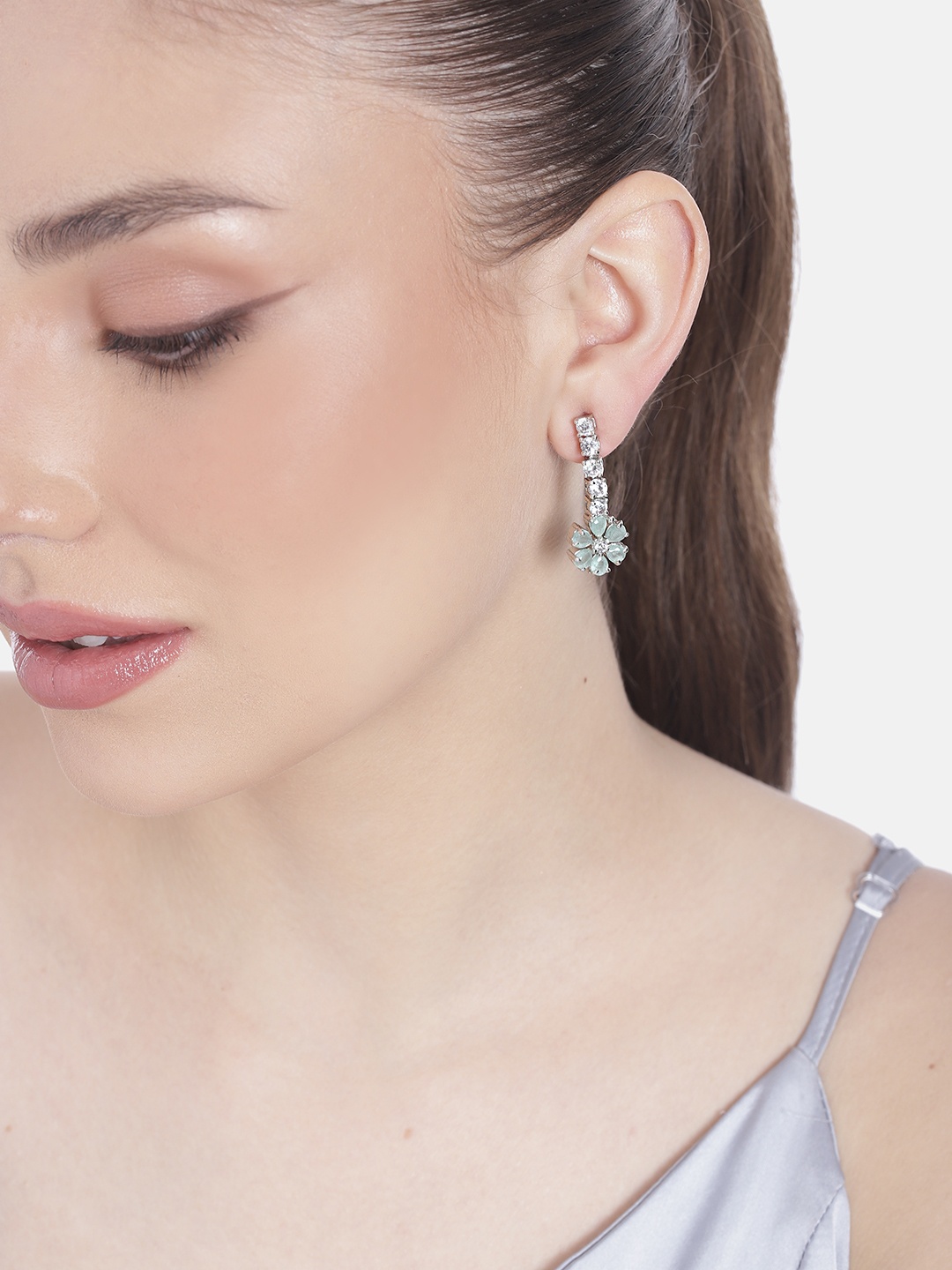 

Estele Rhodium-Plated CZ Floral Drop Earrings, Silver