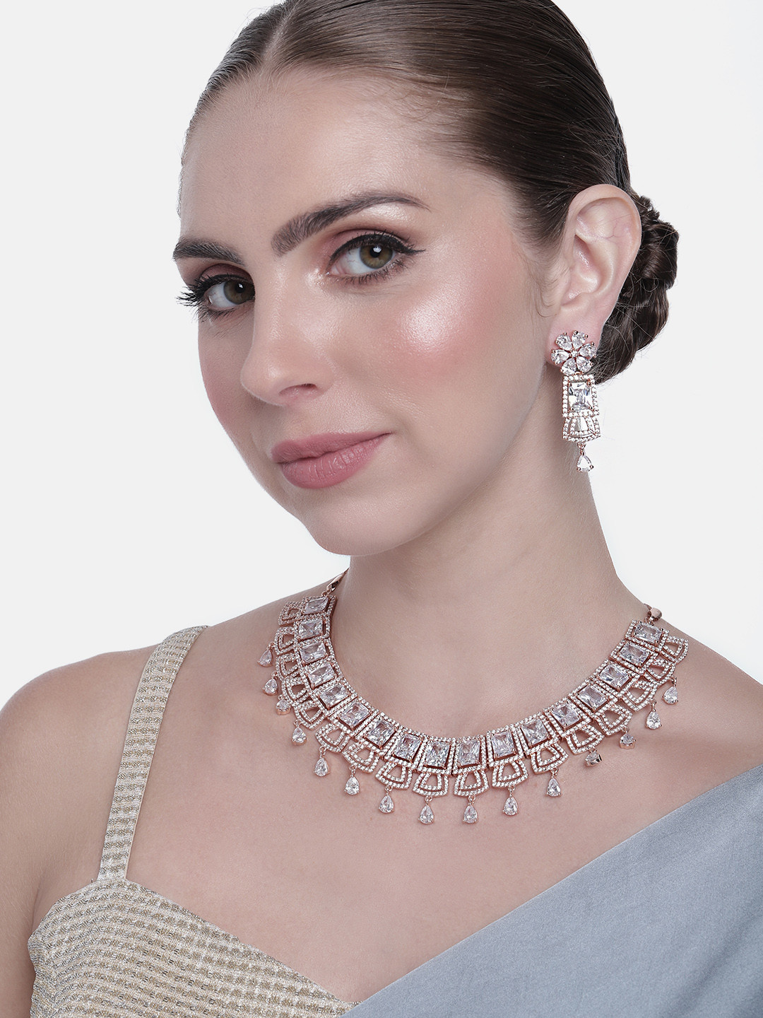 

Estele Women Rose Gold-Plated CZ Studded Necklace with Earrings, White