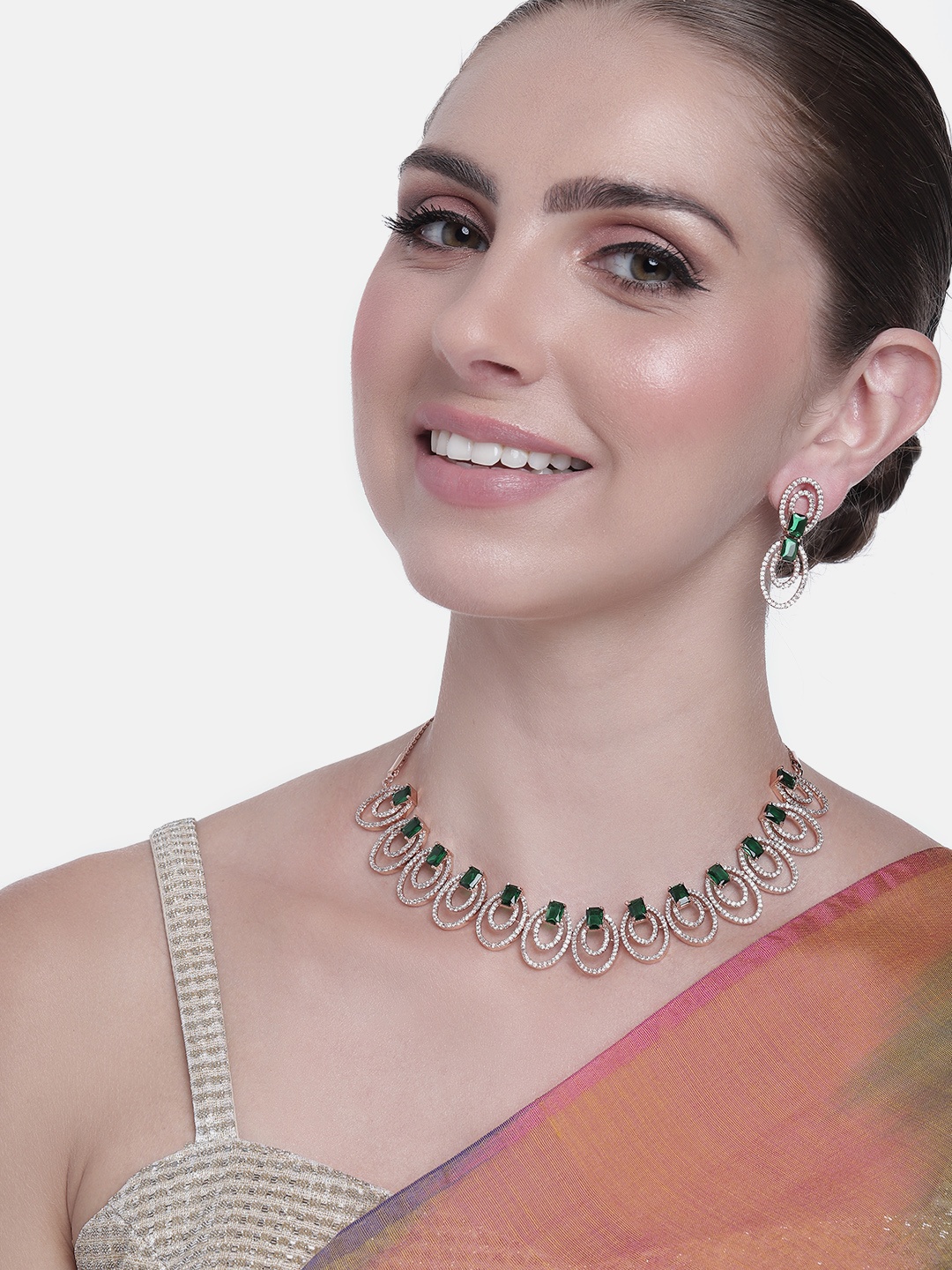 

Estele Women Rose Gold-Plated CZ Studded Necklace with Earrings, Green