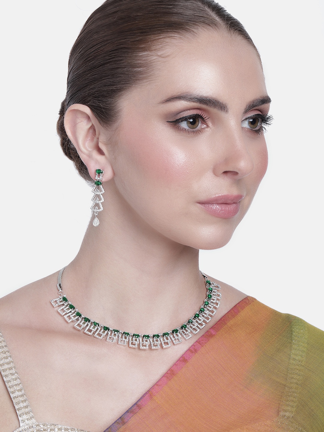 

Estele Women Rhodium-Plated CZ-Studded Jewellery Set, Green