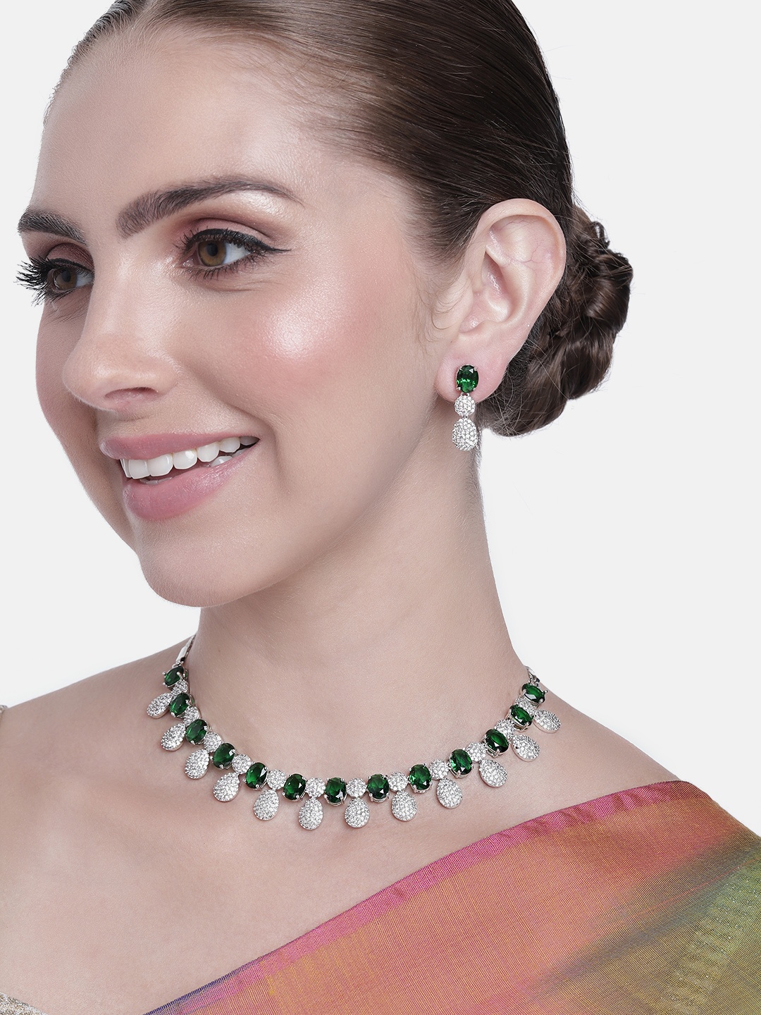 

Estele Women Rhodium-Plated CZ-Studded Jewellery Set, Green