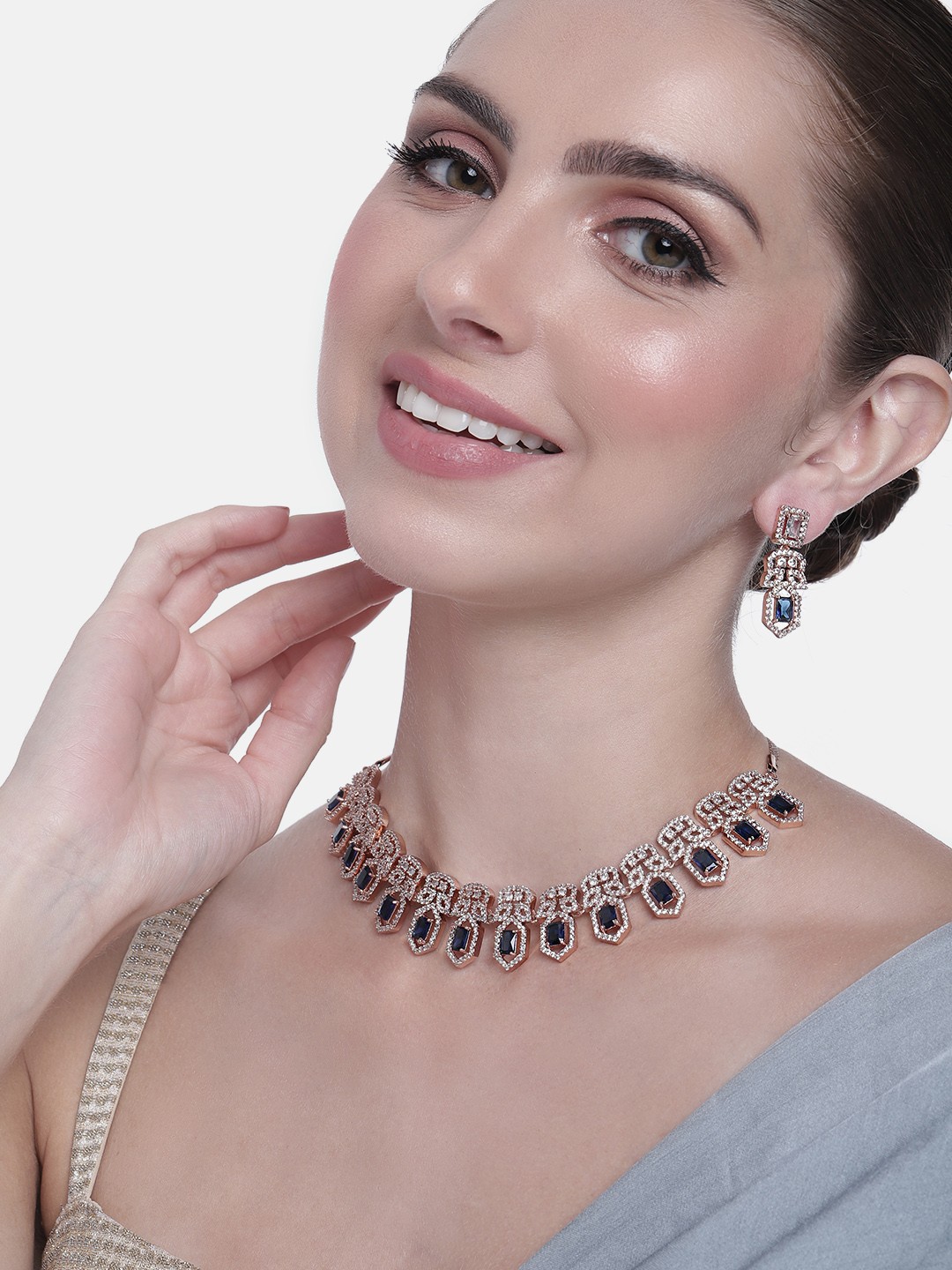 

Estele Women Rose Gold-Plated CZ Studded Necklace with Earrings, Navy blue