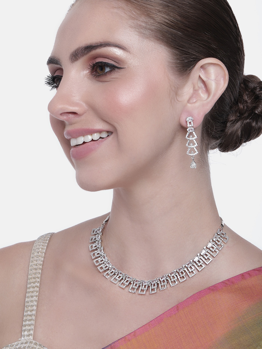 

Estele Women Rhodium Plated CZ Studded Necklace with Earrings, Silver