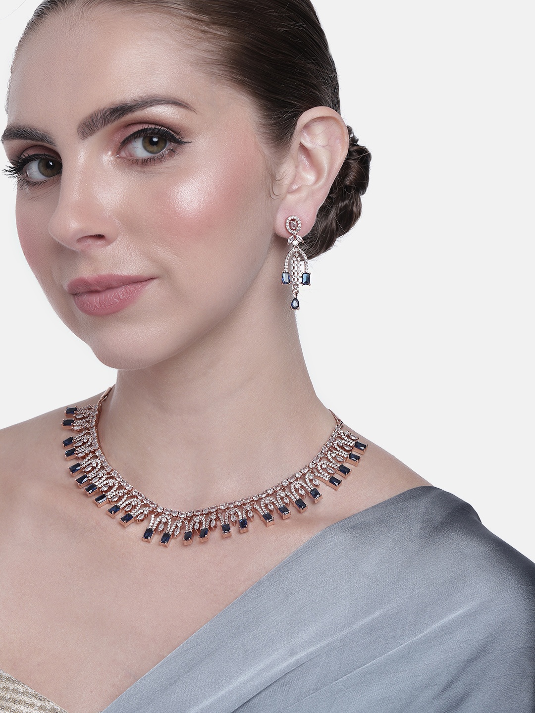 

Estele Women Rose Gold-Plated CZ Studded Necklace with Earrings, Navy blue