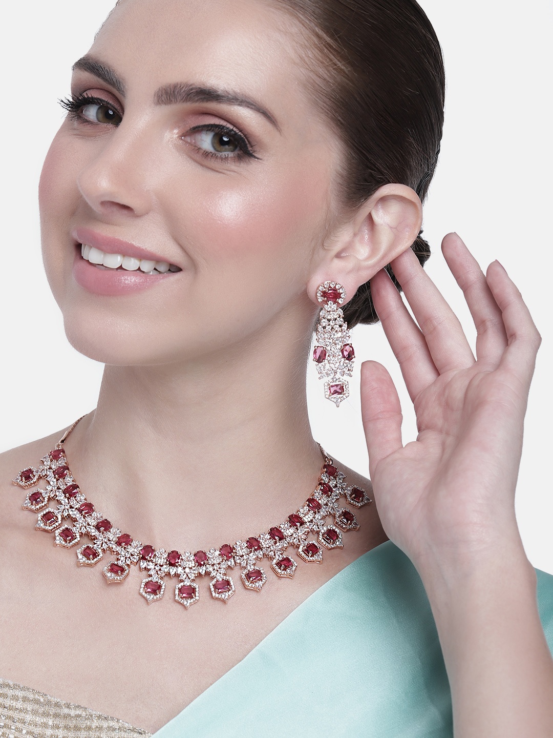 

Estele Women Rose Gold-Plated CZ Studded Necklace with Earrings, Pink