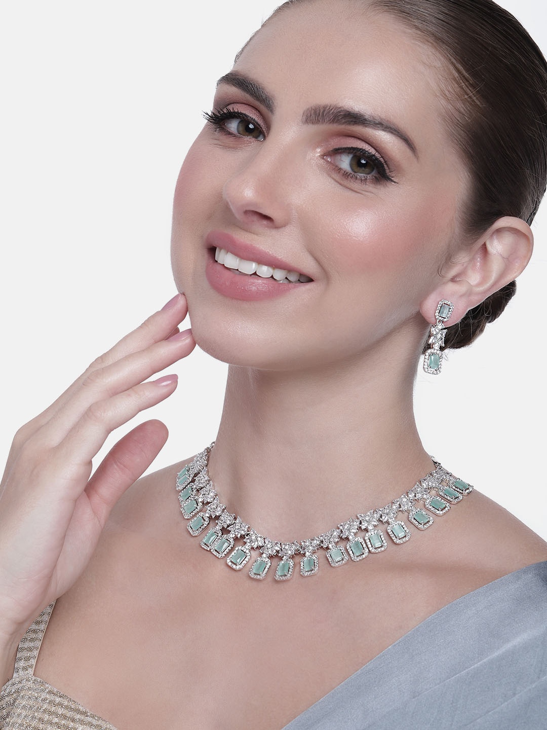 

Estele Women Rhodium-Plated CZ Studded Necklace with Earrings, Green