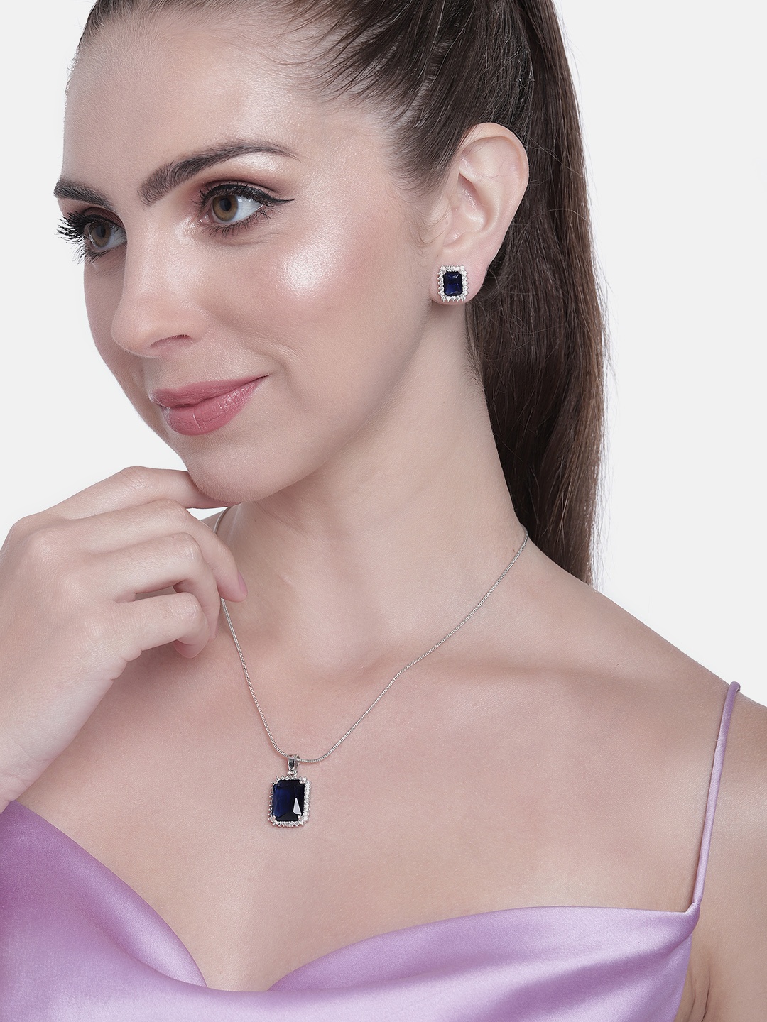 

Estele Women Rhodium-Plated CZ-Studded Jewellery Set, Blue