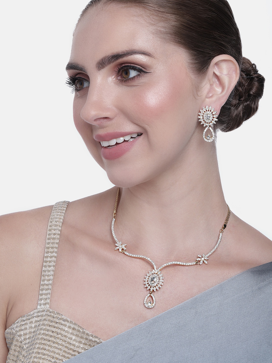 

Estele Women Rhodium-Plated Crystal Studded Necklace with Earrings, White