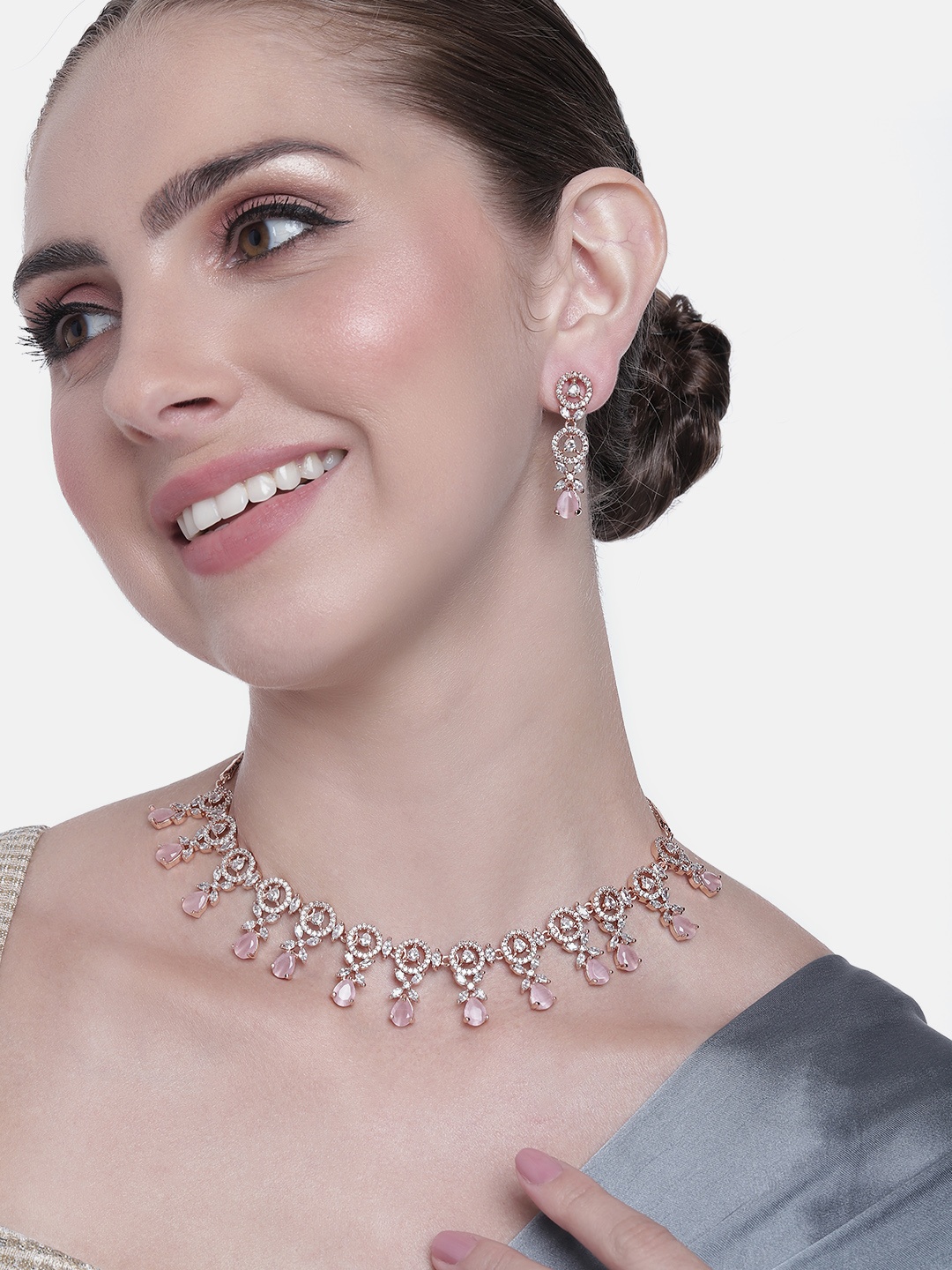 

Estele Women Rose Gold-Plated CZ Studded Necklace with Earrings, Pink