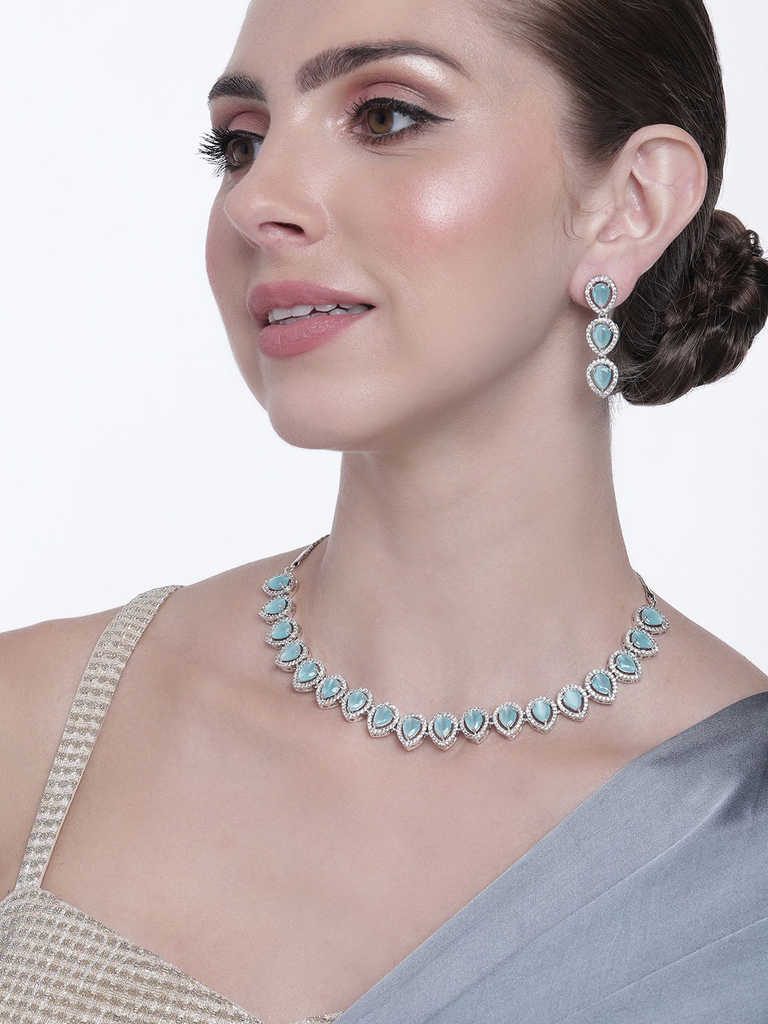 

Estele Women Rhodium-Plated CZ-Studded Jewellery Set, Blue