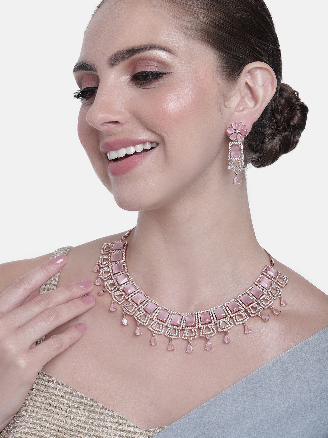 

Estele Women Rose Gold-Plated CZ Studded Necklace with Earrings, Pink