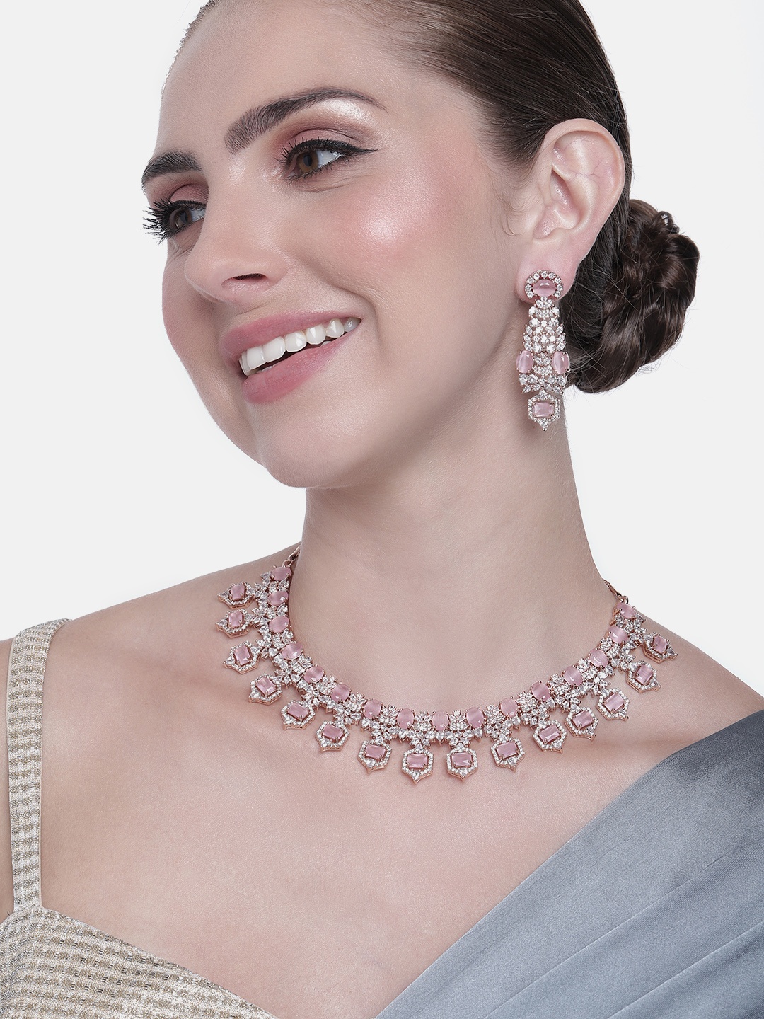 

Estele Women Rose Gold-Plated CZ Studded Necklace with Earrings, Pink