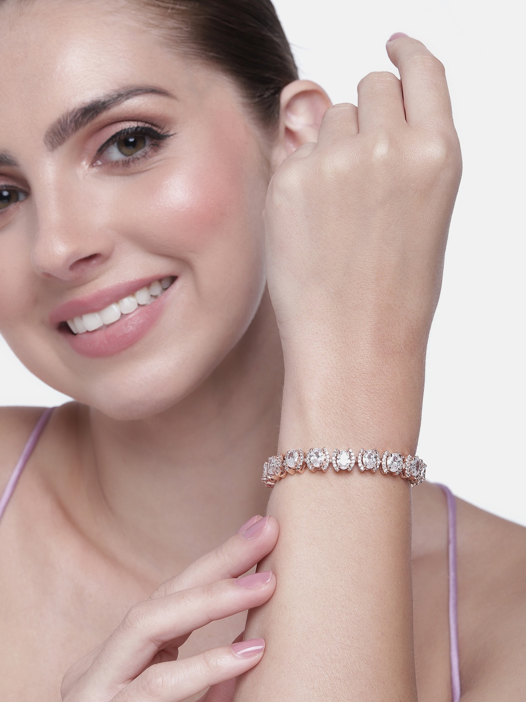 

Estele Women Cubic Zirconia Rose Gold-Plated Link Bracelet
