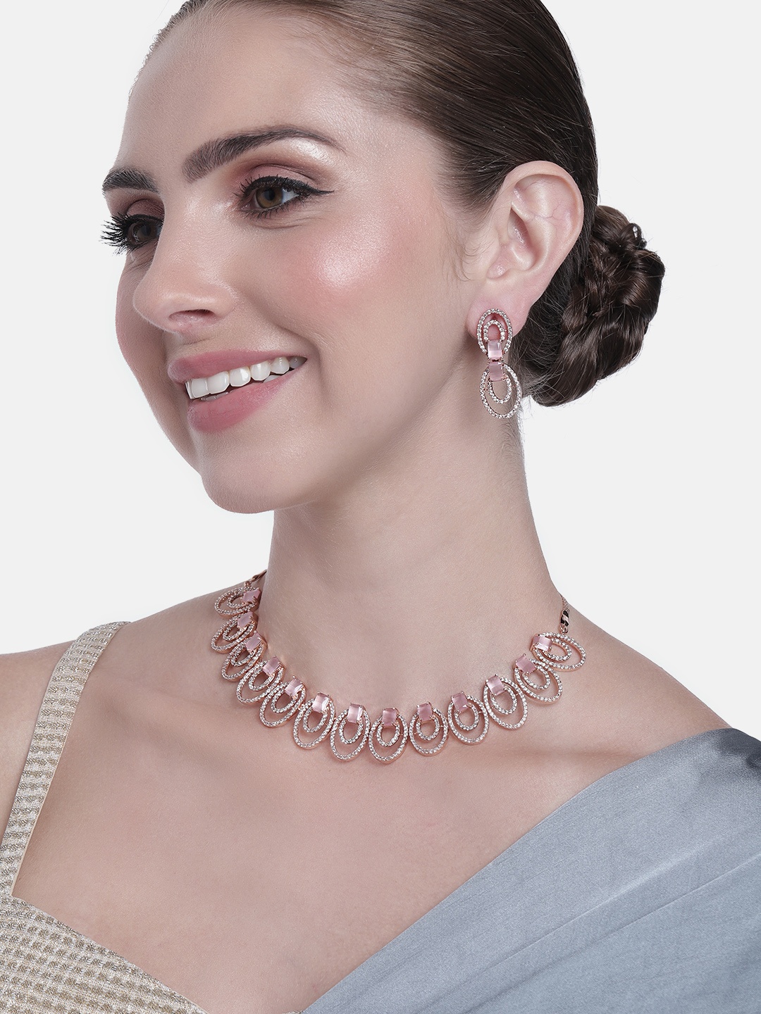 

Estele Women Rose Gold-Plated CZ Studded Necklace with Earrings, Pink