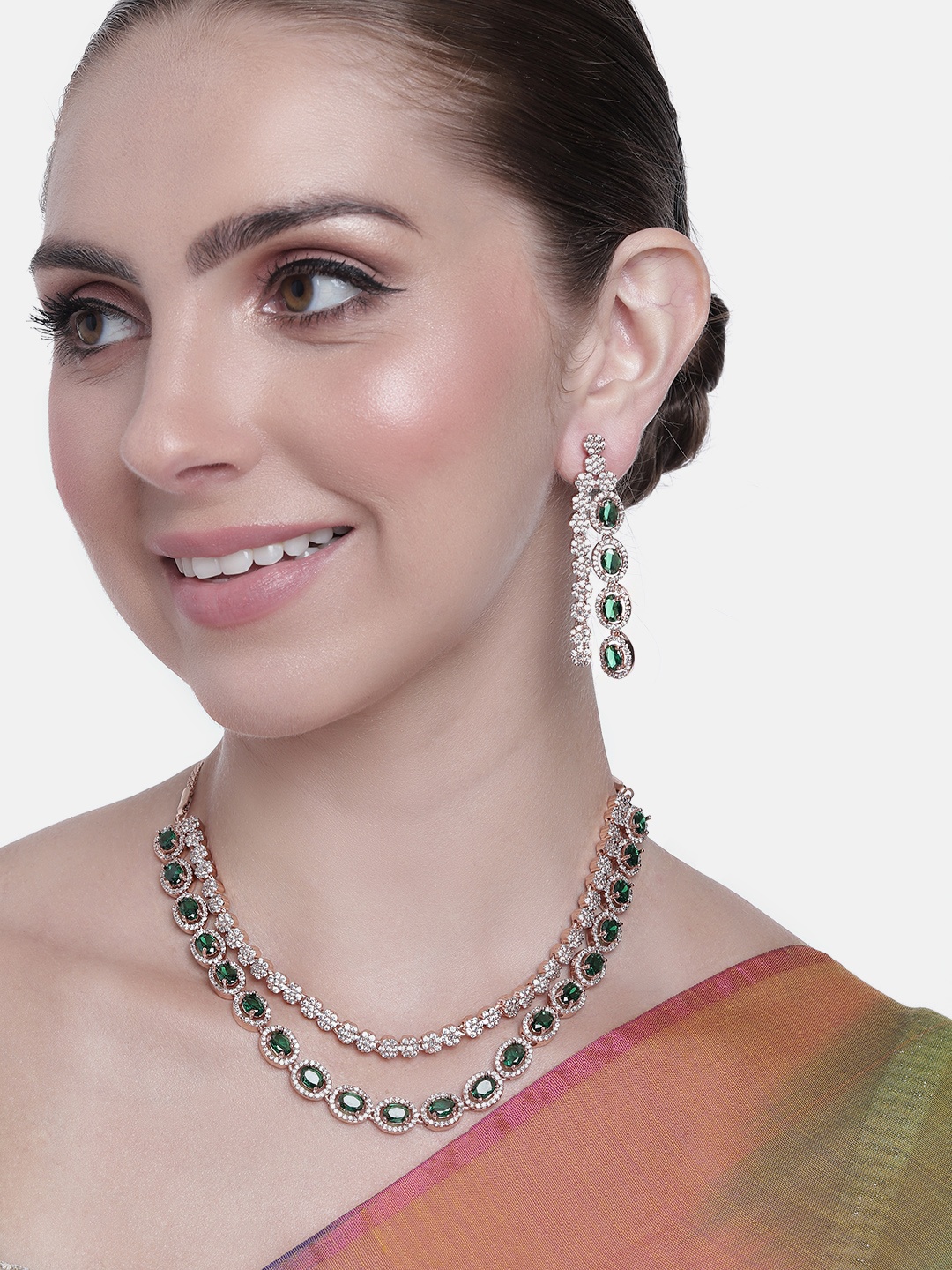 

Estele Women Rose Gold-Plated CZ Studded Layered Necklace with Earrings, Green