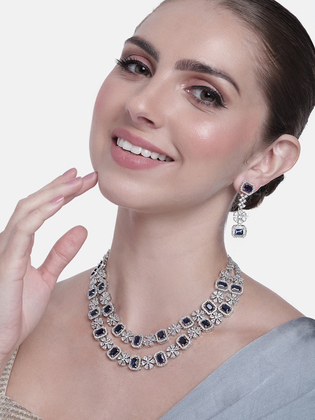 

Estele Women Rhodium-Plated Layered CZ Studded Layered Necklace with Earrings, Navy blue