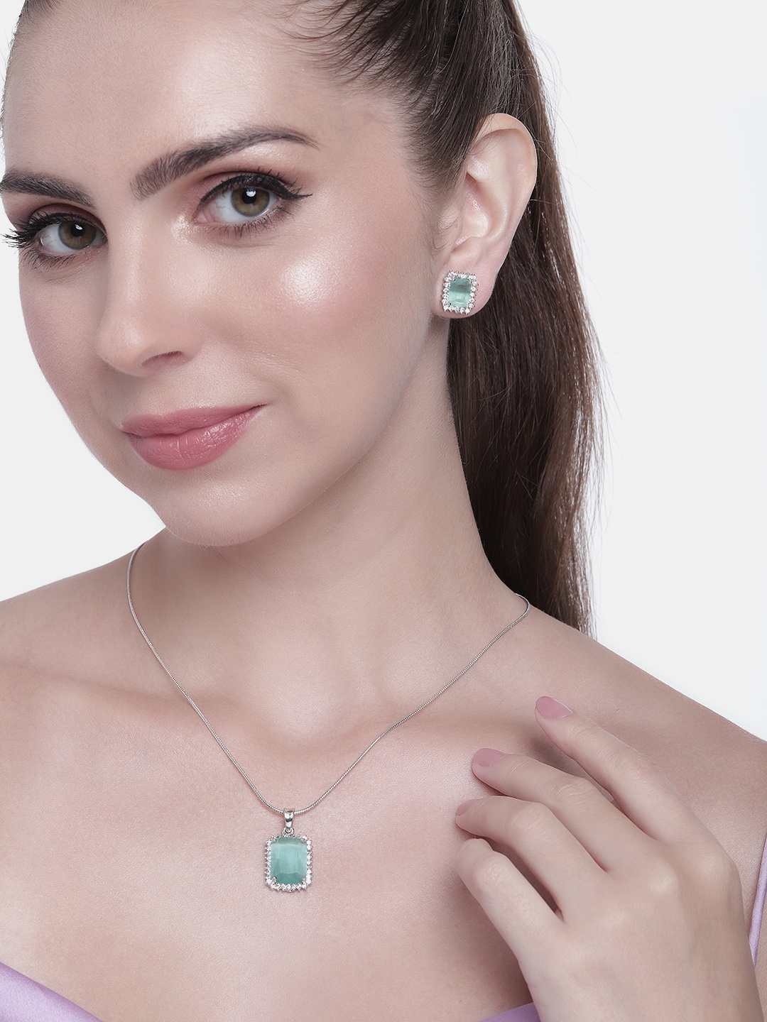 

Estele Women Rhodium-Plated CZ-Studded Jewellery Set, Green