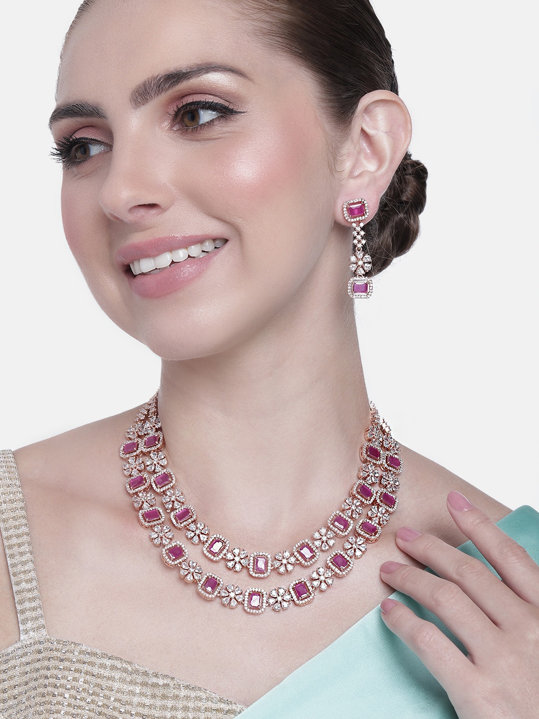 

Estele Women Rose Gold-Plated CZ Studded Necklace with Earrings, Pink
