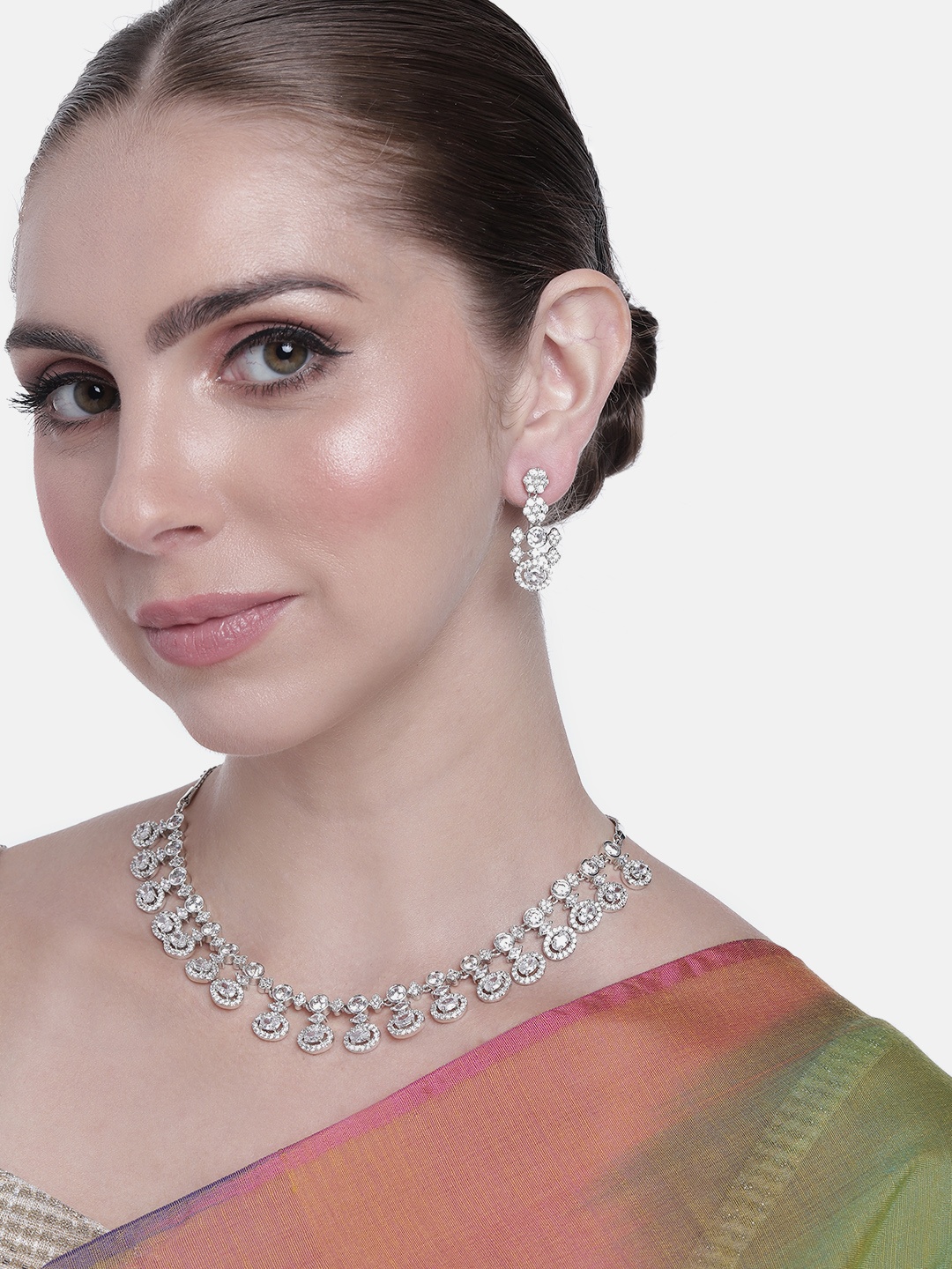 

Estele Women Rhodium Plated CZ Studded Necklace with Earrings, Silver
