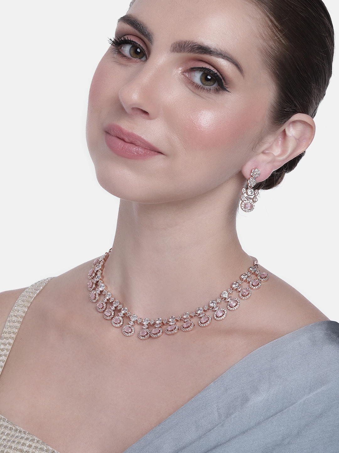 

Estele Women Rose Gold-Plated CZ Studded Necklace with Earrings, Pink