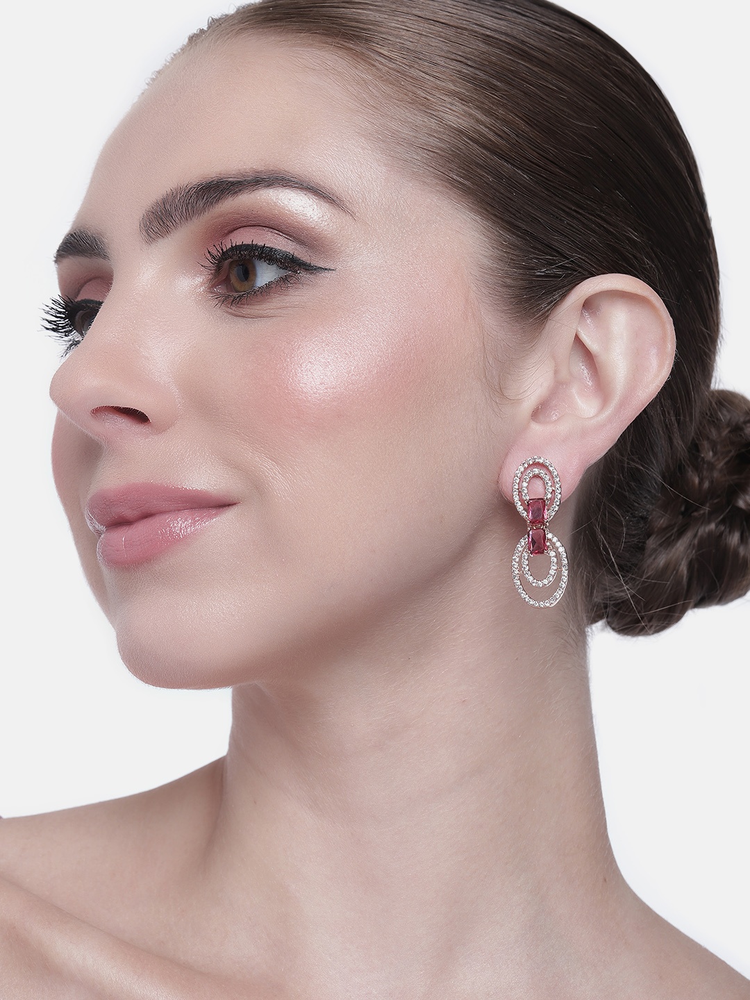 

Estele Women Rose Gold-Plated CZ Studded Oval Drop Earrings, Pink